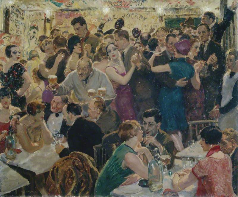 Today's #OnlineArtExchange celebrates @NationalGallery's bicentenary. 🎉🍾 We've chosen this jam-packed party scene for the occasion. 🖼 Night by Thomas Cantrell Dugdale (1880–1952) 🏛@mcrartgallery