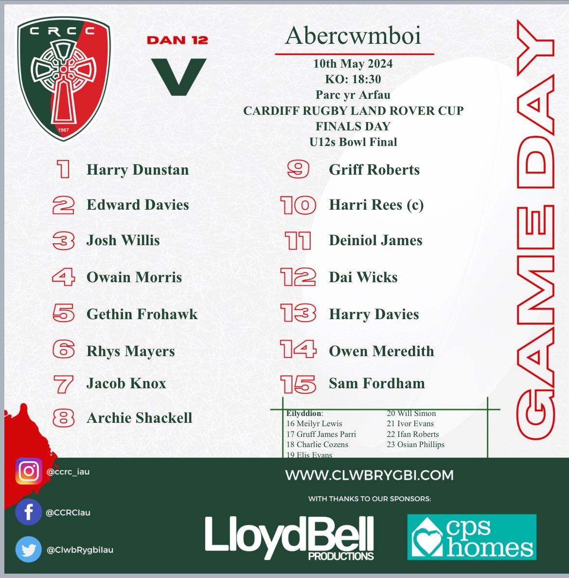 Gêm derfynol Cwpan Land Rover.  Dewch i gefnogi ein tîm Dan 12 yn Parc yr Arfau nôs yfory am 6yh wrth iddi nhw chwarae Abercwmboi RFC! Amdani fechgyn!

Come and support our Under 12's at Cardiff Arms Park tomorrow evening at 6pm as they take on Abercwmboi in the bowl final!