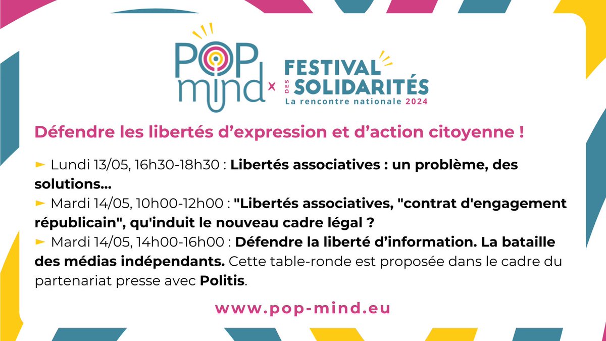 Événement. Politis sera présent à la 6e édition de POP MIND et @_Festisol les 13, 14 et 15 mai à Rennes. @AgnesRousseaux, directrice de Politis, participera à une table ronde sur la bataille de la liberté d'information le 14 mai de 14h à 16h. 📍Antipode - 5 avenue Jules Maniez