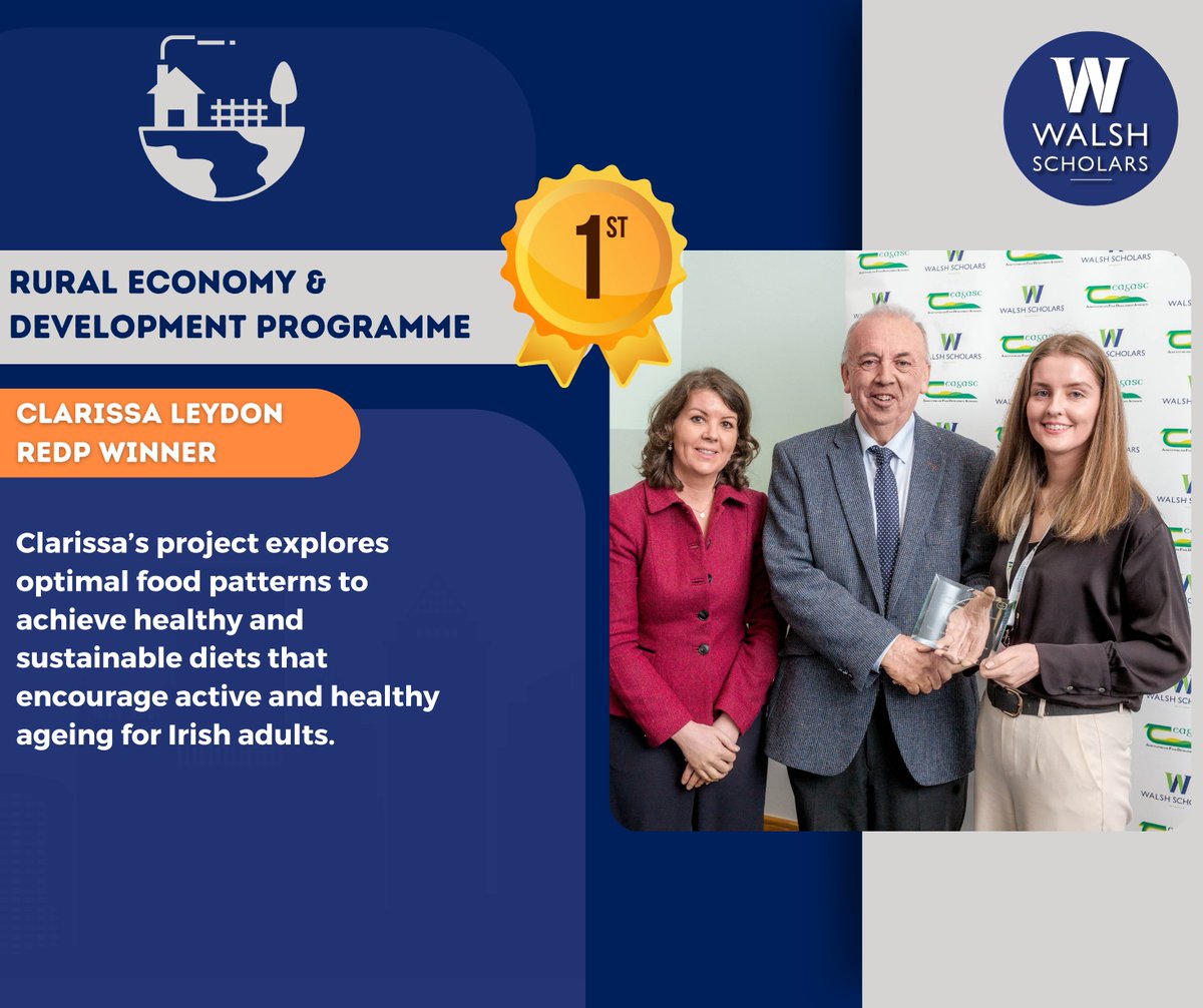 First place from the REDP Programme was awarded to Clarissa Leydon at the Teagasc Walsh Scholar awards yesterday. You can read more about her work at the link here bit.ly/3JYOhOs 
#sustainablediets #healthyageing #SuHeGuide
#WalshScholars