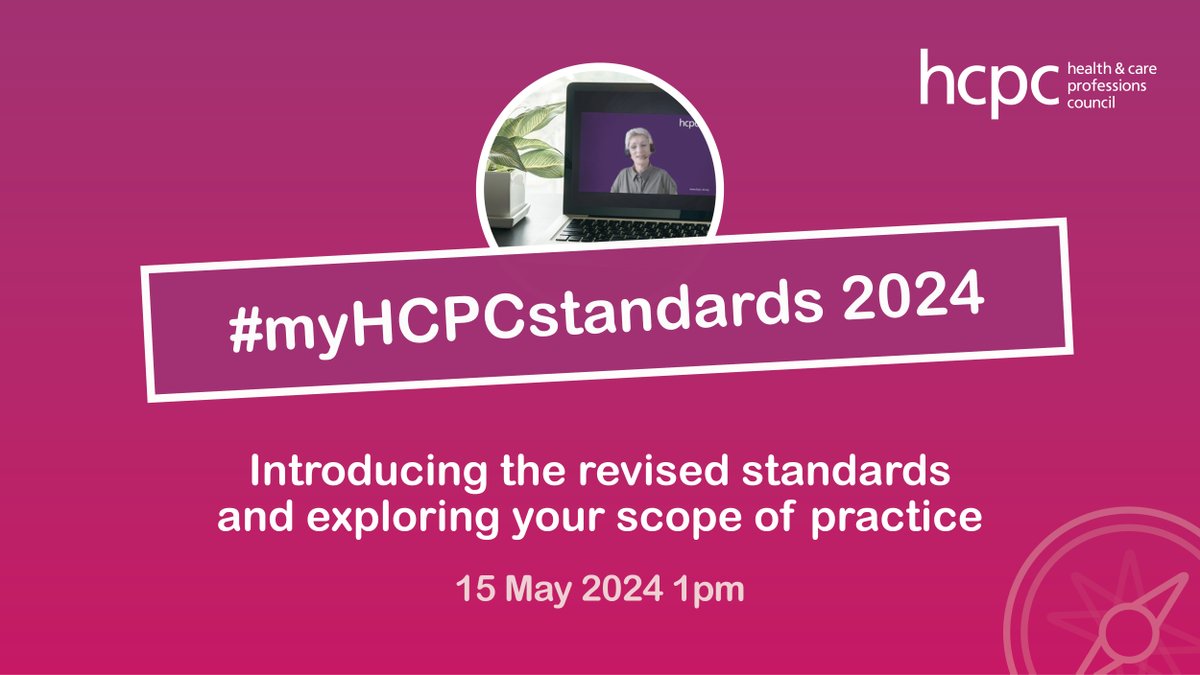 In just under one week, we'll be holding our first #myHCPCstandards webinar of 2024! 💫 Join us for a registrant-focused overview of the revised standards of conduct and ethics, plus how to consider your scope of practice in light of them. 🗓️ 15 May, 1pm hcpc-uk.org/myhcpcstandard…