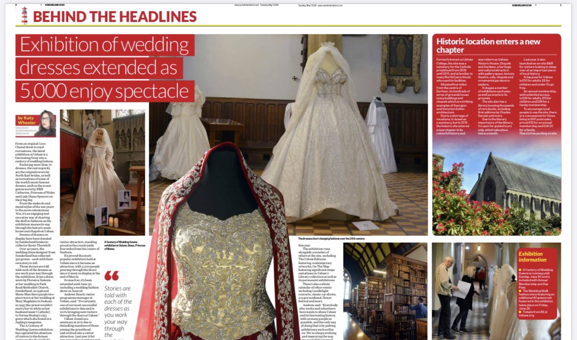 One from our lifestyle section featuring my recent visit to @ushawdurham to chat about the Century of Wedding Gowns display, which includes dresses donated by Sunderland brides. It’s well worth a visit. Full story here: sunderlandecho.com/whats-on/thing…