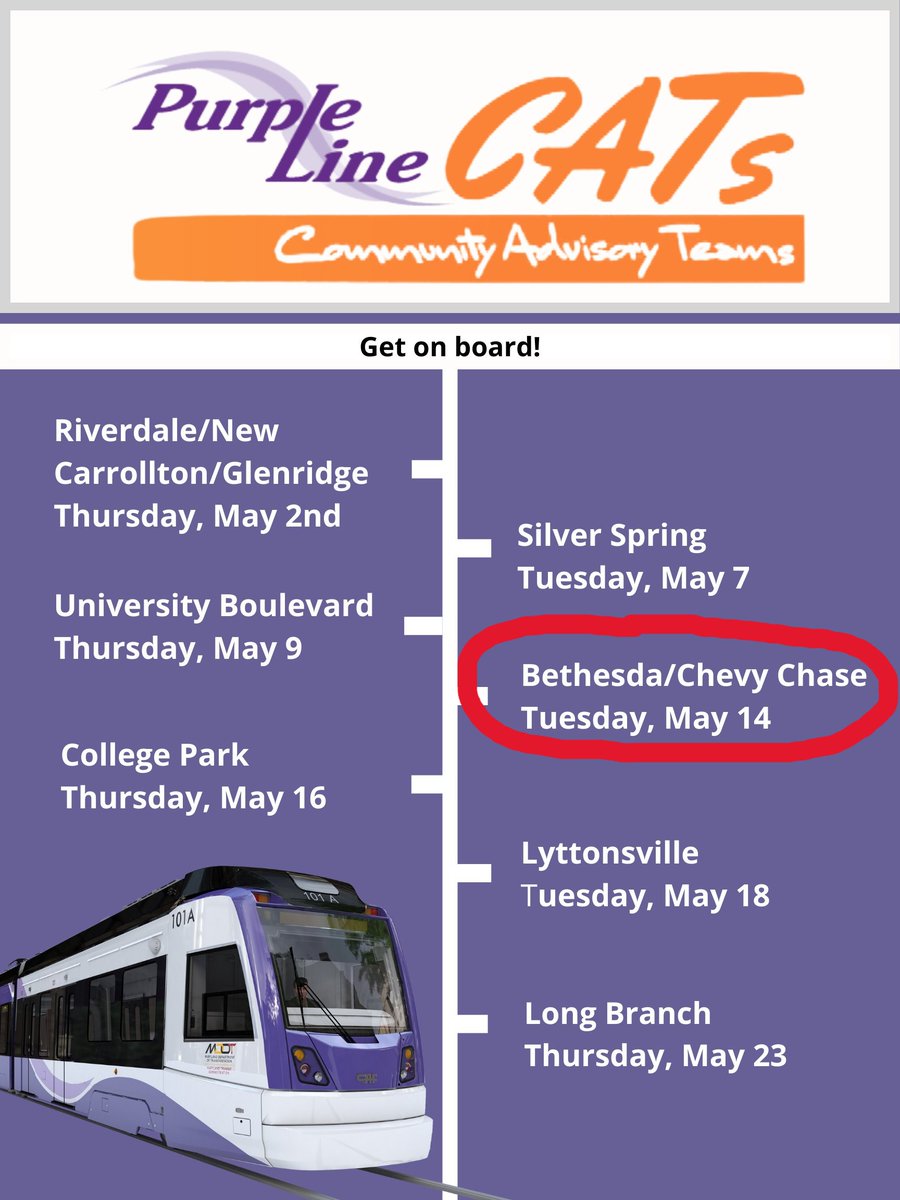 The next🟣@PurpleLineMD 🟣CAT virtual meeting for @MontgomeryCoMD residents is next week.
 📍Bethesda/Chevy Chase
🗓️Tuesday, May 14, 2024
🕰️Start time 6:00pm
Details🔗tinyurl.com/5fcev5bn
@BethesdaUP @BethesdaRow @BCCCenter #montgomerycountymd @nsabethesda