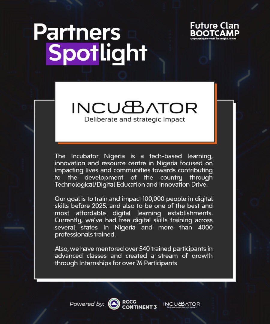 theincubator_ng's tweet photo. Meet our Strategic Partner, The Incubator Nigeria!
With a laser focus on deliberate impact, they’re revolutionizing tech education and innovation in Nigeria. Join us as we pave the way for 100,000 digital pioneers by 2025!
#TheIncubatorNigeria #TheIncubatorNG #FutureClan https://t.co/bfgBOI5IPq