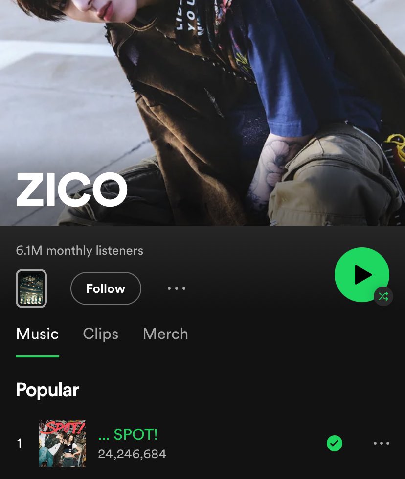Zico's monthly listeners on Spotify increased from 2M to 6.1M in 13 days after he revealed SPOT! which is a collaboration with Jennie 🔥
