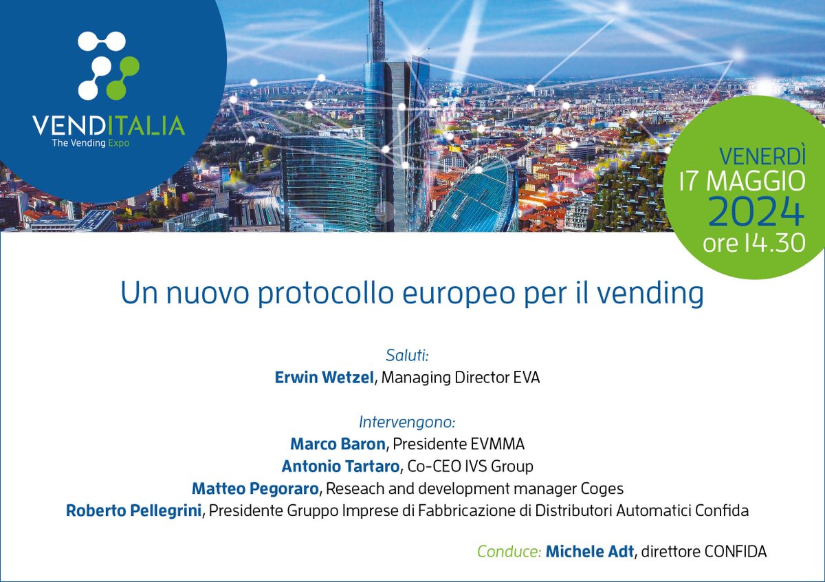 Venerdì 17 maggio alle ore 14.30 presso #Venditalia2024 un convegno sul nuovo protocollo europeo di comunicazione delle #vendingmachine.

#distributoriautomatici #distribuzioneautomatica #vending #smartvending