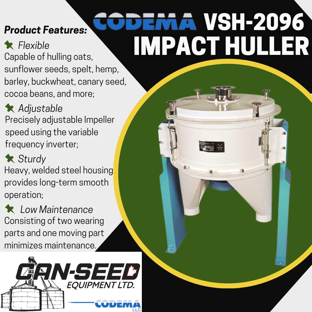 Designed for maximum hulling efficiency, reliability, and flexibility.
Codema LLC's VSH-2096 Impact Huller is designed to hull a variety of products, including oats, seeds, spelt, sunflower, hemp, barley, buckwheat, and more. The VSH-2096 passes material through a rotating