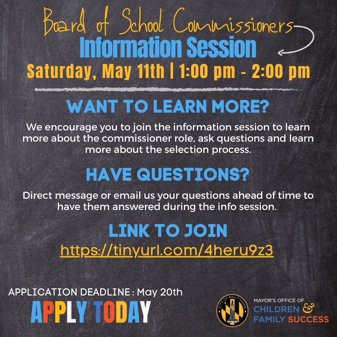 Join the Mayor's Office of Children and Family Success for an information session to learn more about the Board Commissioner role and its selection process and ask questions! Email your questions ahead of time to have them answered during the information session. -…