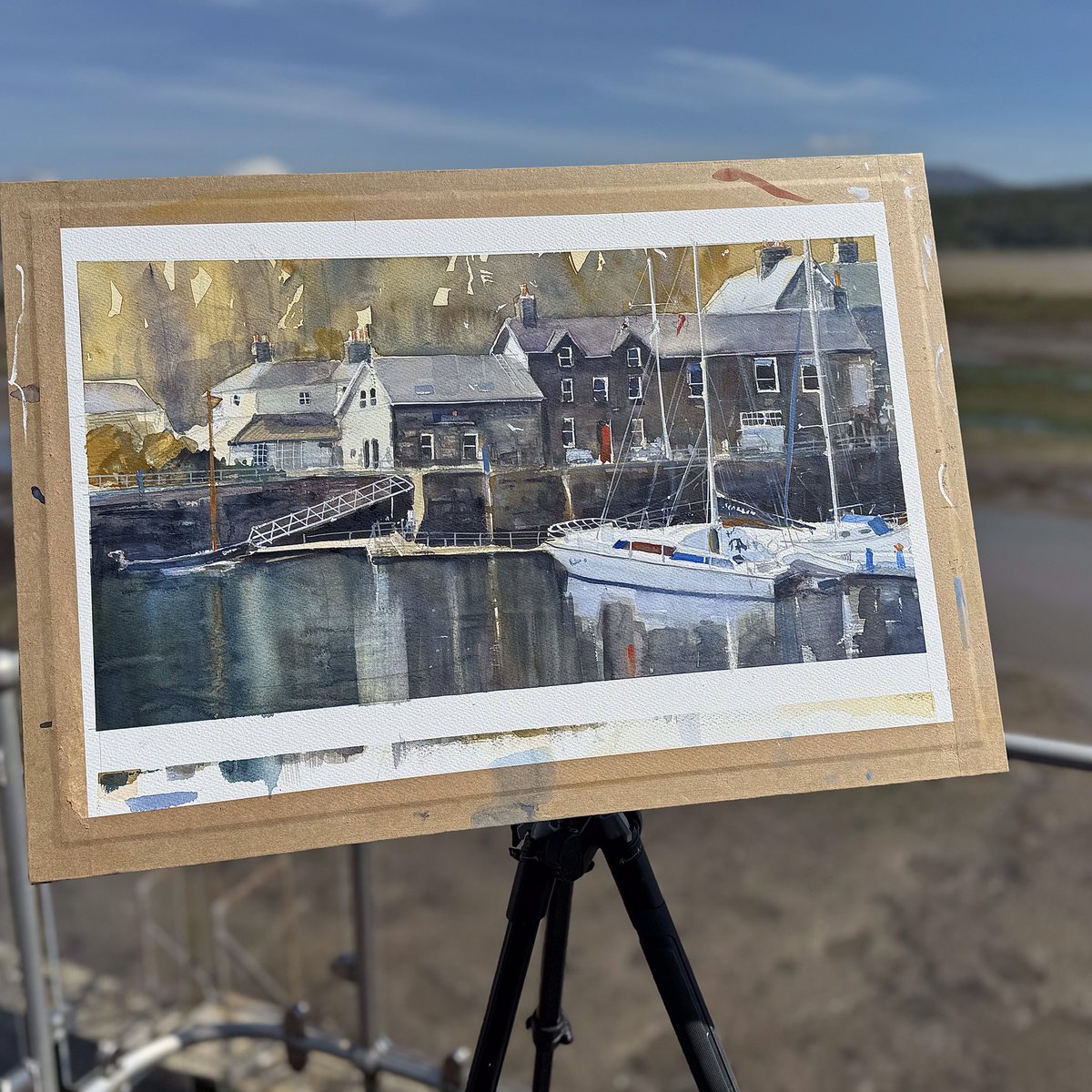 Finally finished, my watercolour, Porthmadog Yacht Club Golden Hour. Still painted on Millford paper using Schmincke watercolours. I just amended my values slightly and now done. #watercolour #porthmadog #marineart #paintings
