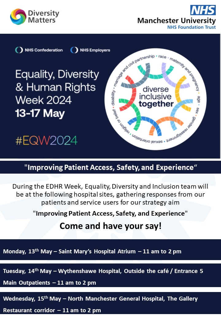 Equality, Diversity and Human Rights (EDHR) Week 2024 is being celebrated between 13th-17th May. During this week EDI team will be gathering responses on 'Improving Patient Access, Safety, and Experience' from our patients and service users. Come meet the team and have your say!