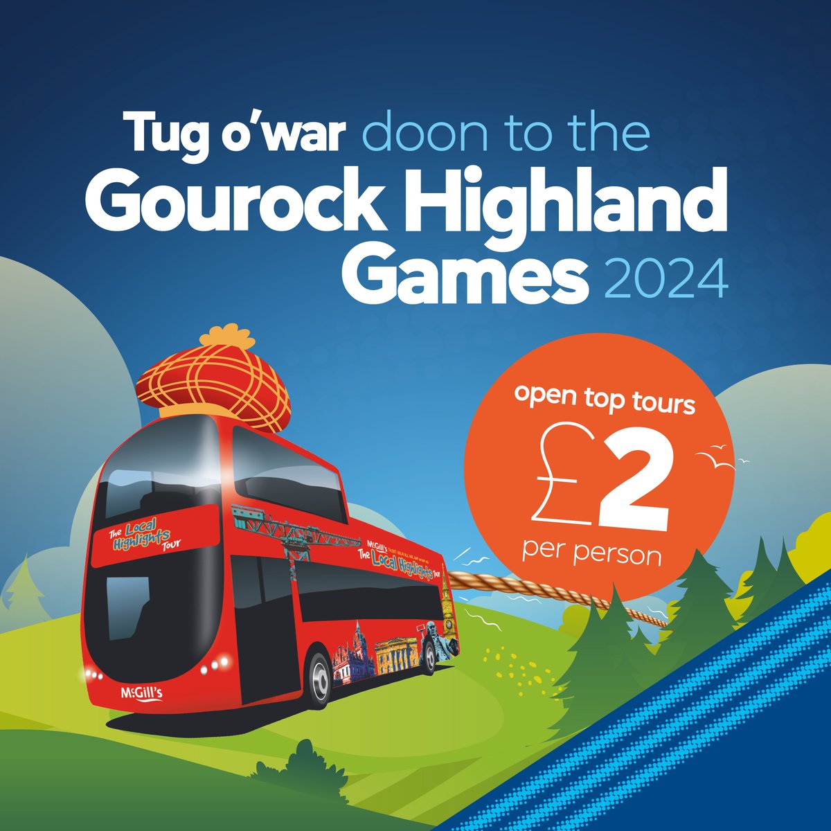 Coming to the Games on Sunday? Why not take a wee trip on the open top bus from Battery Park down to McInroys point and back again with McGills Buses. #GHG24 #GourockHighlandGames #DiscoverInverclyde