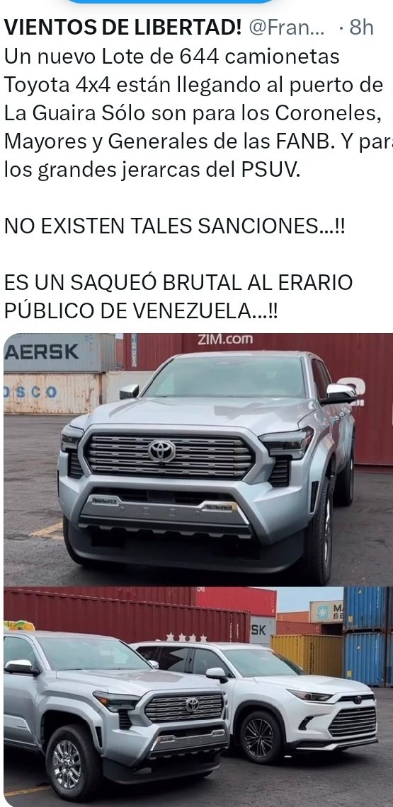 Y la tal incremento económico se ve reflejado en camionetas para los enchufaos comunista corruptos .@delcyrodriguezv .@NicolasMaduro .@TAMARA_SUJU .@KarimKhanQC .@MariaCorinaYA ... 
#VenezuelaEnDesobediencia