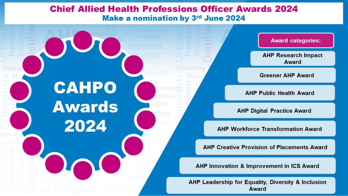 Nominations are now open for the Chief Allied Health Professions Officer (CAHPO) Awards 2024!

Nominations will close on Mon 3 June. Nominate here: england.nhs.uk/ahp/chief-alli…

This is a unique opportunity for registered AHPs to receive recognition.