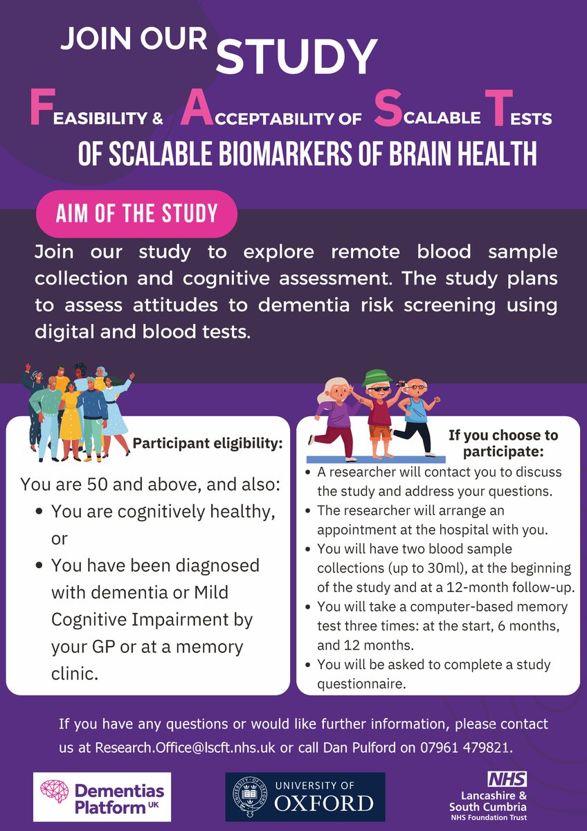 The 'FAST' study, is looking for participants to help explore attitudes to #dementia risk screening, using digital and blood tests. To take part, please contact @LSCFTResearch : 📩Research.Office@lscft.nhs.uk 📲 Dan Pulford on 07961 479821