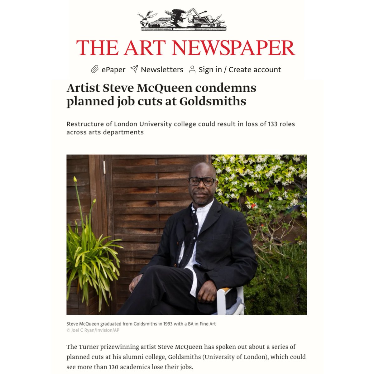 📢 The Art Newspaper reports that Oscar-winning director Steve McQueen hopes managers will reconsider the unprecedented and unnecessary cuts at Goldsmiths. It seems the media care about this story. What about senior management? #binthetp