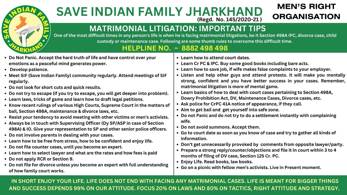SIFJharkhand's tweet image. Supreme Court has termed misuse of Sec 498A as legal terrorism.Police machinery cannot be
utilised for purpose of holding husband at ransom so that he could be squeezed by wife at the instigation of her parents or relatives u/s498A. Pls follow following tips. @JharkhandPolice