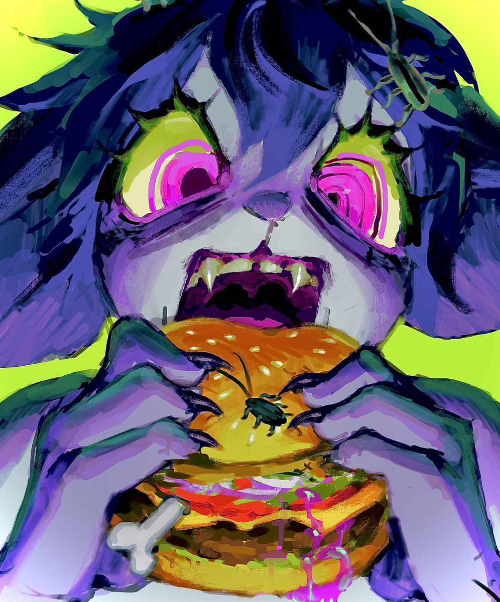 fanart of my fursona eating a burger crazy style