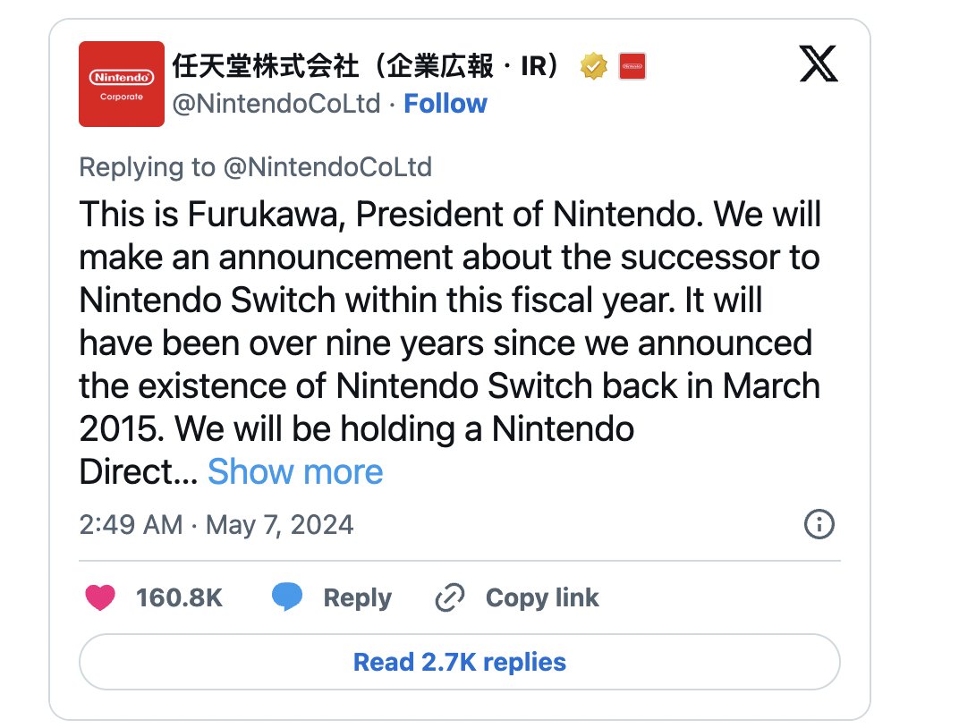 in case you just came out of a cave today... Nintendo made this announcement - $NTDOY has now 2000yen per share of cash and made 421yen EPS in closing march2024 fiscal year.