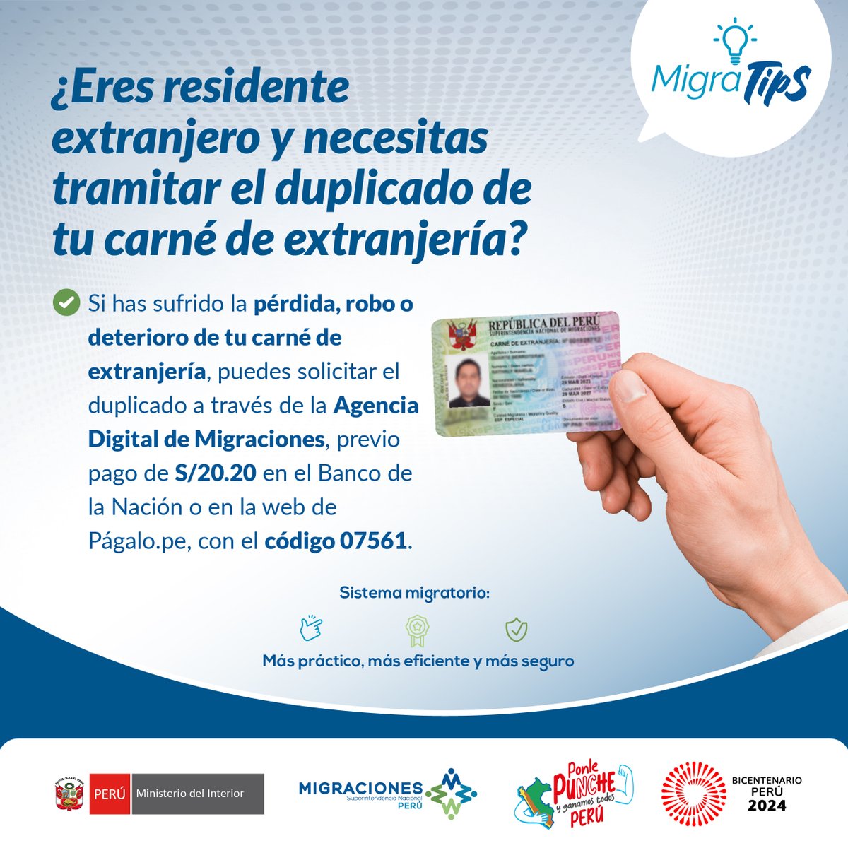 #MigracionesPerú
Residente extranjero 🌍: en caso de pérdida, robo o deterioro de tu carné de extranjería, solicita el duplicado en la #AgenciaDigitalMigraciones.

Requisitos y condiciones ➡️ gob.pe/es/p/12618
Verifica vigencia de residencia ➡️ bit.ly/verificarCE