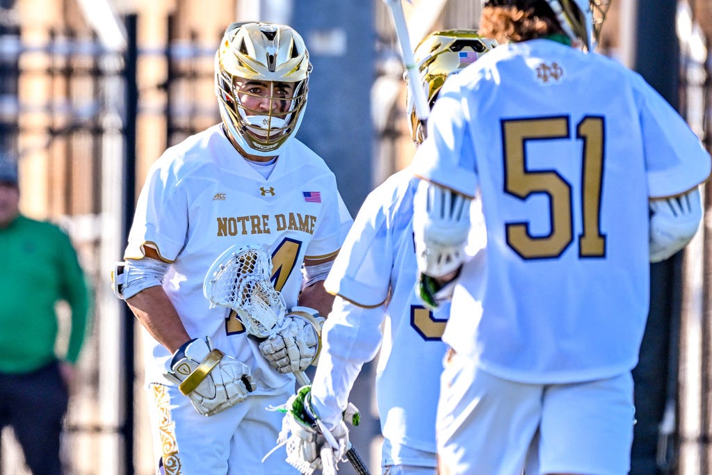 No. 1 Notre Dame (12-1) begins its men's lacrosse national title defense against Albany (10-7) on Sunday at 5 p.m. ET at Arlotta Stadium in South Bend. More on the matchup: on3.com/teams/notre-da…