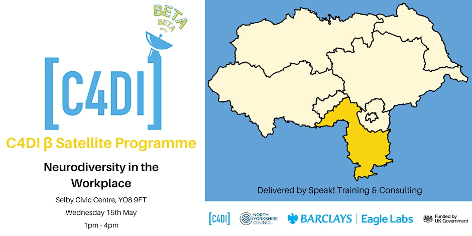 Join C4DI on Wednesday 15th May at Selby Civic Centre to explore recruiting and supporting neurodiversity in the workplace. Delivered by Speak! Training &amp; Consulting. 

This is a FREE in-person session 1pm-4pm.

For more information visit here: bit.ly/3WzKejf