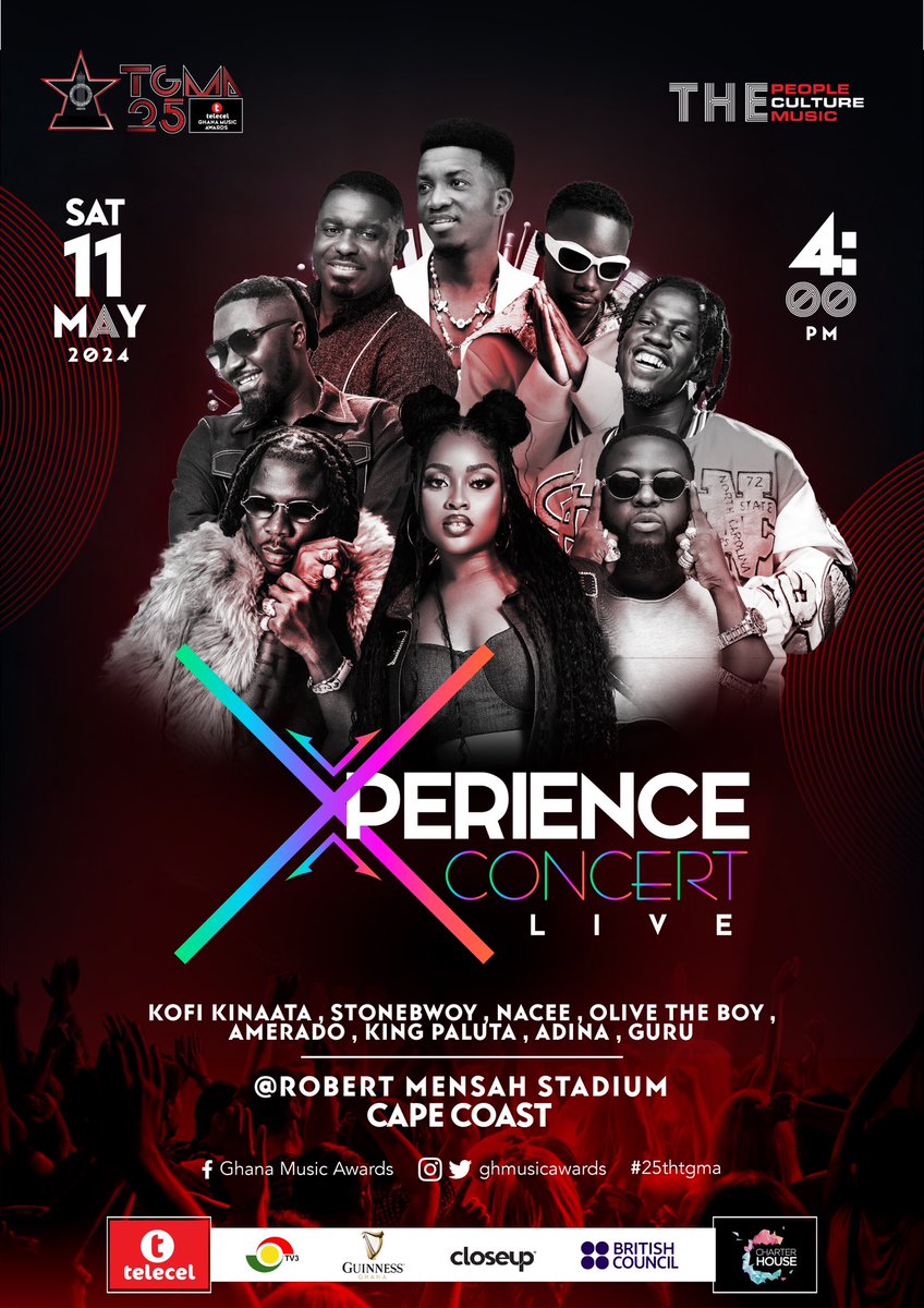 The biggest jam of the year with the dopest lineup🔥🎶 

#25thTGMA Xperience Concert is here!💃🏽🔥

🗓Saturday, 11th May 2024
📍Robert Mensah Sport Stadium

Entrance is absolutely Freeeeeeee, courtesy Telecel.

#25thTGMA