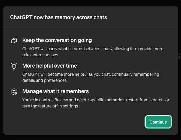 Good news! The latest #ChatGPT update allows your GPT to remember information between chats. You can also manage what your GPT can remember between those chats.