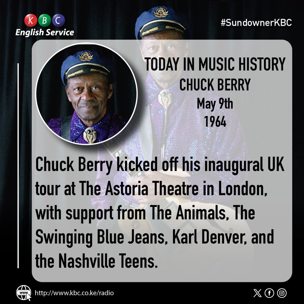 Today in Music History: 9th May 1964 Chuck Berry kicked off his inaugural UK tour at The Astoria Theatre in London, with support from The Animals, The Swinging Blue Jeans, Karl Denver, and the Nashville Teens. ^PMN #SundownerKBC