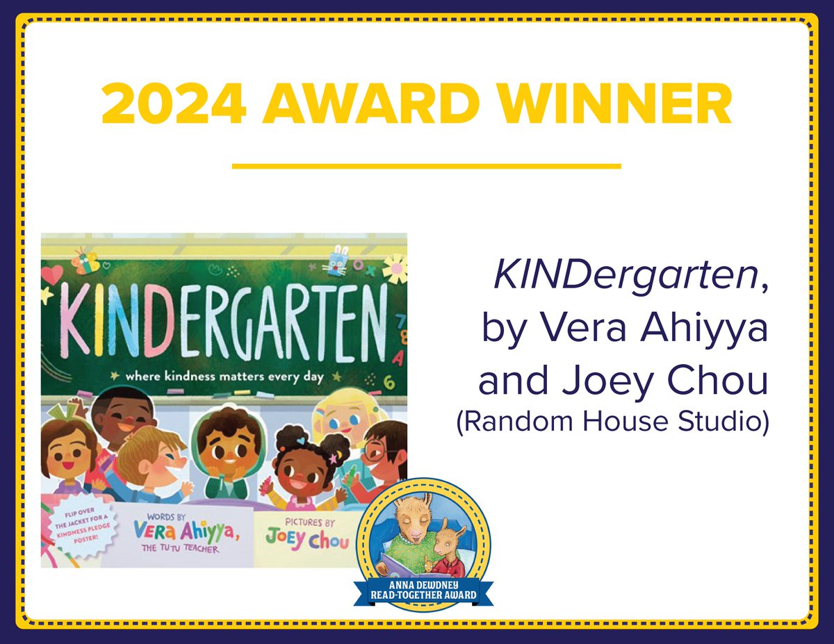 Excited to announce that KINDergarten, written by Vera Ahiyya; illus. by Joey Chou is the 2024 Anna Dewdney Read-Together Award winner! For more info on the winning title, honor books, & how to submit questions for the Q&A: lnk.bio/s/CBCBook/2e223 @choochoojoey @penguinkids