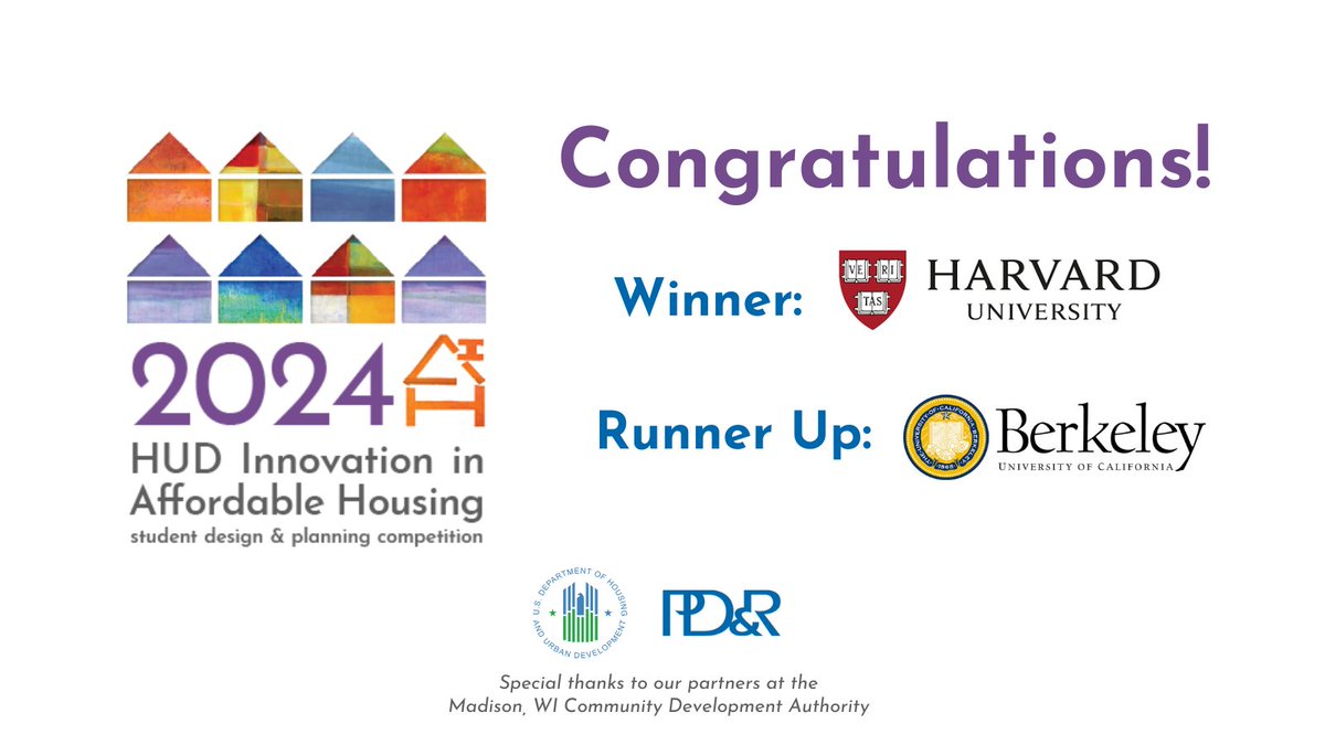 Congratulations to the @Harvard student team, winners of HUD’s 11th annual Innovation in Affordable Housing Student Design and Planning Competition! Their team was awarded $20,000 for their standout project on affordable housing solutions.