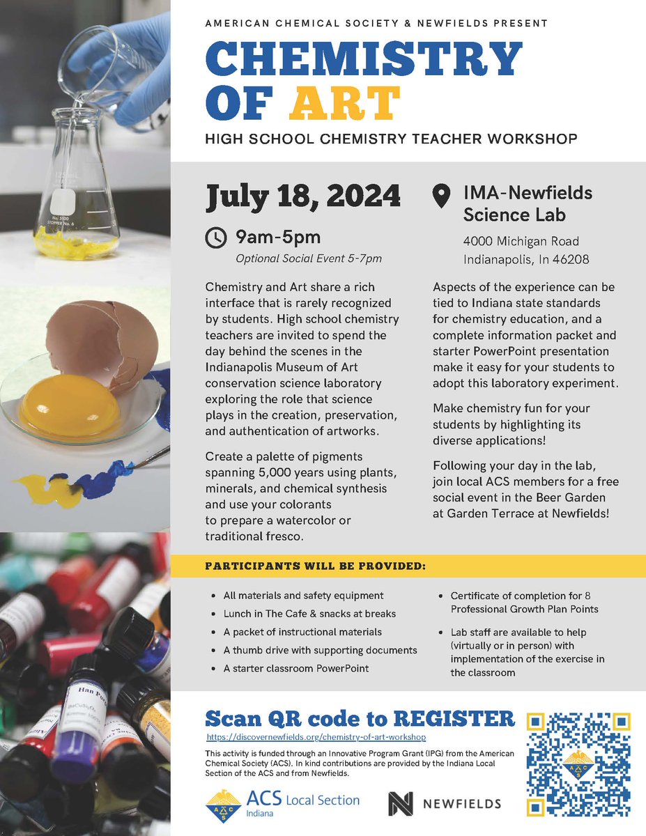 IMA-Newfields and the Indiana Local Section of the American Chemical Society are pleased to offer a high school chemistry teacher workshop on July 18. Please see the flyer for more info and scan the QR code to register. There are only a limited number of slots so sign up early.