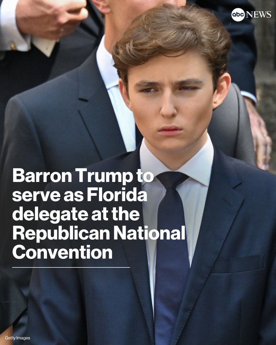 Barron Trump, the youngest child of former Pres. Trump, has been chosen as one of Florida's at-large delegates ahead of the Republican National Convention, according to a list of delegates obtained by ABC News. trib.al/D97hNnt