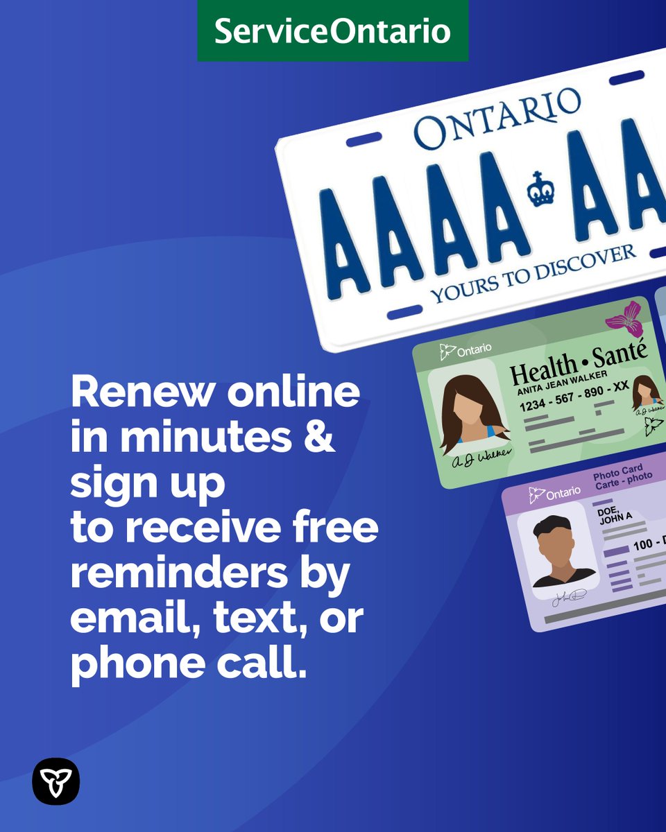 Digital reminders are a simple and fast way to get notified when it’s time to renew your: ✅ Ontario Photo Card ✅ health card ✅ driver’s licence ✅ licence plates Sign up for free email, text, or phone call reminders: ontario.ca/Reminders