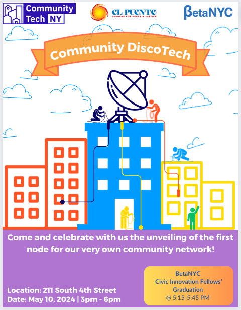 Join @elpuentepalante, @commtechny, and us for a Community DiscoTech, where a new community network will be launched, leading to the graduation of our Civic Innovation Fellows! 🥳 When: Tomorrow, May 10, from 3-6pm Where: 211 South 4th Street RSVP: bit.ly/betanyc-5-10-2… 🎉