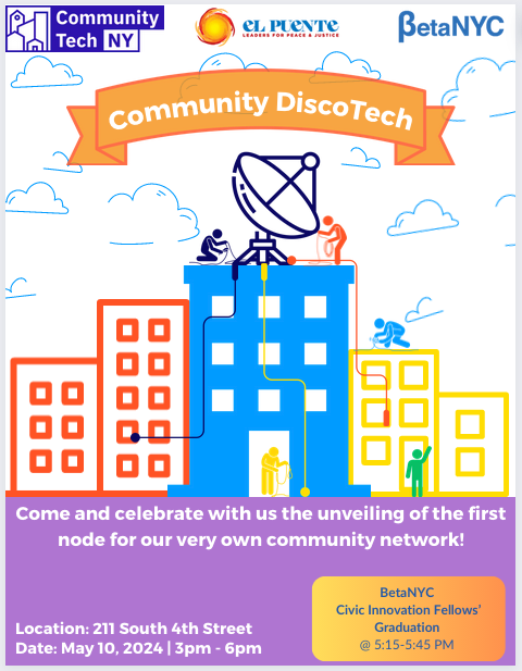 BetaNYC's tweet photo. Join @elpuentepalante, @commtechny, and us for a Community DiscoTech, where a new community network will be launched, leading to the graduation of our Civic Innovation Fellows! 🥳

When: Tomorrow, May 10, from 3-6pm
Where: 211 South 4th Street
RSVP: https://t.co/daEw9Eo5aa 🎉 https://t.co/OYF589x8qP