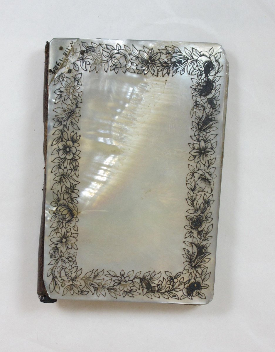 Pocket book and pencil, mother of pearl, England, 1840-70. Victoria & Albert Museum.