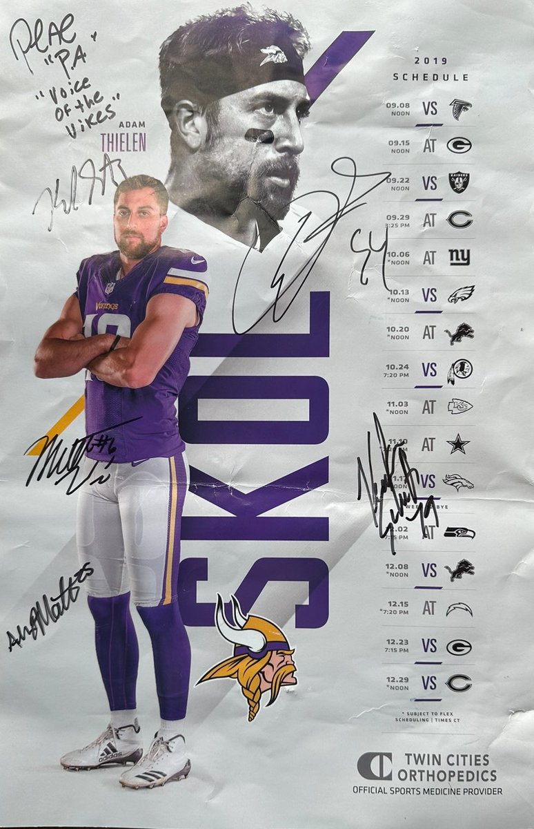 GIVEAWAY! Schedule release giveaway.. like, retweet and follow me to win this 2019 season autographed schedule poster.. signed by Alexander Mattison, Josh Kline, Paul Allen, Karter Schult, Matt Wile and Kevin McDermott.. I will pick a random winner #SKOL