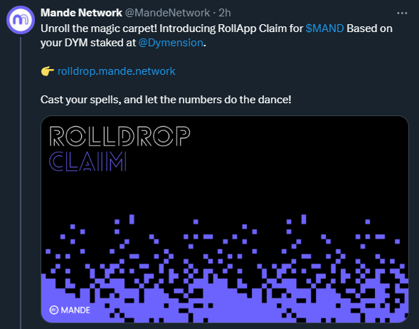 Mande airdrop for DYM stakers🪂 ⚡️Claim here: rolldrop.mande.network - Tokens will be sent to your wallet directly #Mande #Airdrop #DYM
