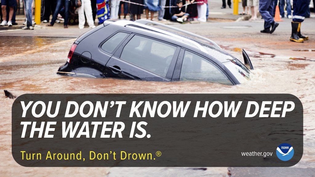 More than 50% of all flood fatalities are vehicle-related. You never know how deep the water is or if the road has been washed away or compromised beneath the water. Don’t risk driving into floodwaters. Turn Around, Don’t Drown! weather.gov/safety/flood-t… #WeatherReady