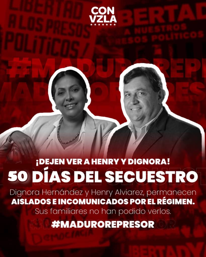 Hoy se cumplen 50 días del secuestro de Dignora Hernández y Henry Alviarez. Es importante alzar la voz por estos, y todos los compañeros que están injustamente detenidos por motivaciones políticas. #LiberenATodosLosPresosPoliticos