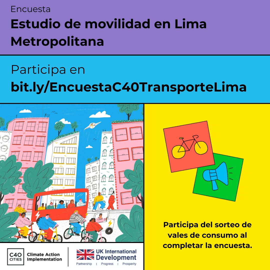 ¡Participa en la #encuesta sobre #movilidad en #Lima! bit.ly/EncuestaC40Tra…

Contribuye con tus respuestas al diseño de políticas de movilidad que beneficien a toda la ciudad.

#movilidadsostenible #transporte #lima #movilidad #tránsito #ciudades