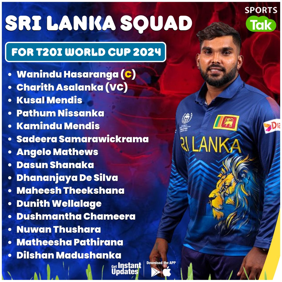 𝑆𝑟𝑖 𝐿𝑎𝑛𝑘𝑎 𝑠𝑞𝑢𝑎𝑑 𝑓𝑜𝑟 𝐼𝐶𝐶 𝑀𝑒𝑛'𝑠 𝑇20 𝑊𝑜𝑟𝑙𝑑 𝐶𝑢𝑝 2024!🇱🇰

For more stories and videos, visit the Sports Tak website⬇️
hindi.thesportstak.com 

@Wanindu49 @OfficialSLC @T20WorldCup 
#SriLanka #Squad #WaninduHasaranga #CharithAsalanka #ICC #T20WorldCup24
