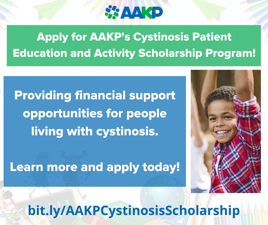 The deadline for our #Cystinosis Patient Education & Activity Scholarship Program is coming up in June! Learn more and apply today: bit.ly/AAKPCystinosis… #AAKPforPatients #PediatricKidneyDisease