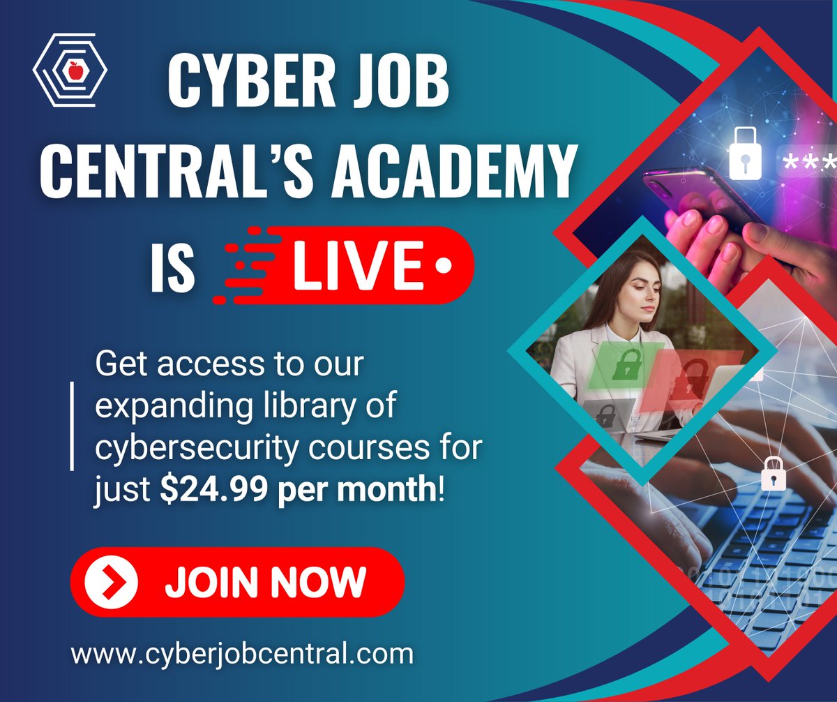 The Academy is LIVE! Dive into our growing catalogue of cybersecurity courses for just $24.99 per month!
hubs.li/Q02wvBV60
#Cybersecurity #Cyber #Security #CyberCourses #Tech #IT #CybersecurityCourses #CyberJobs #CybersecurityJobs #CyberJobAcademy #CyberJobCentral