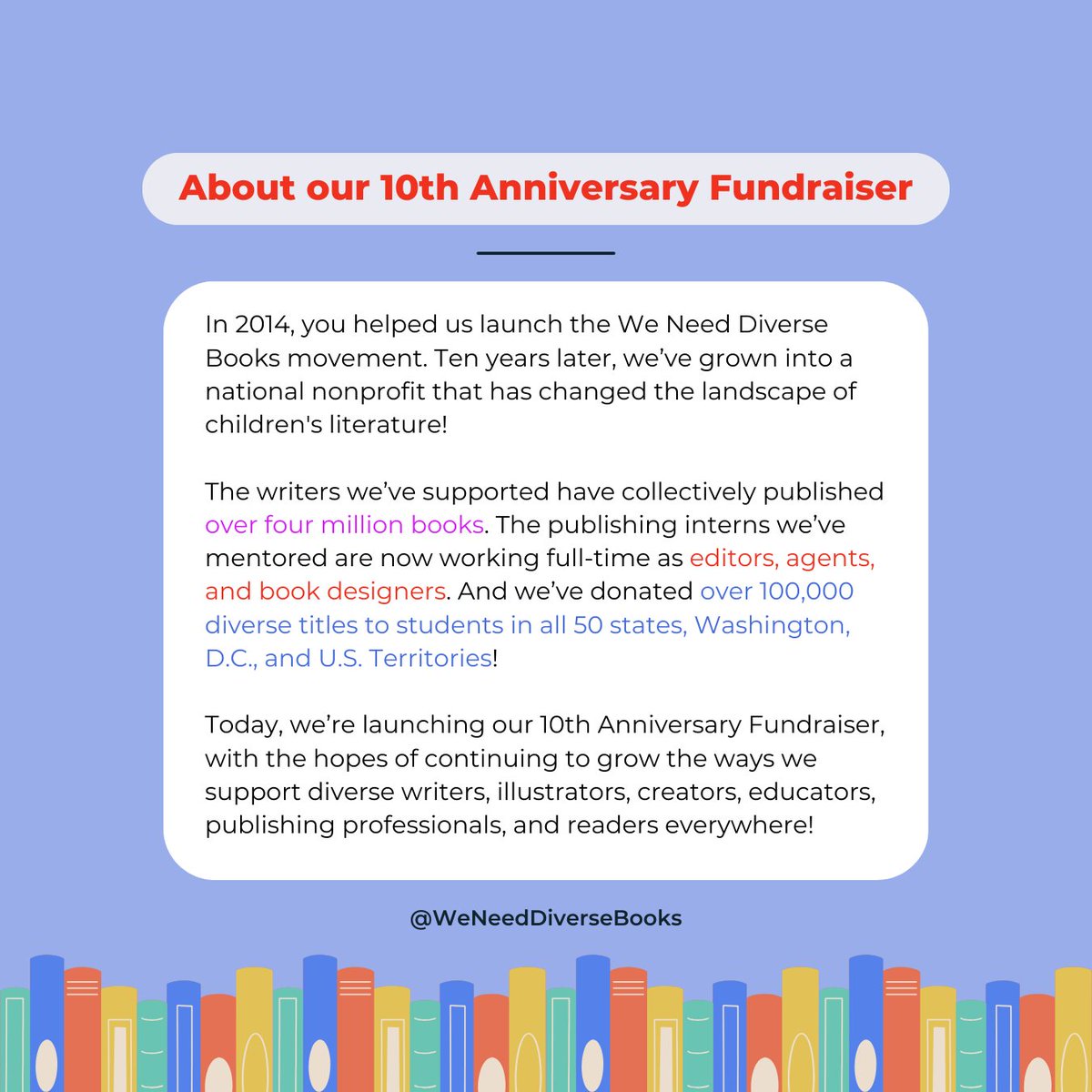Join WNDB in celebrating our 10th Anniversary! 🥳📚 Today, we’re launching our 10th Anniversary Fundraiser, with the hopes of continuing to grow the ways we support diverse writers, illustrators, creators, educators, publishing professionals, and readers everywhere!