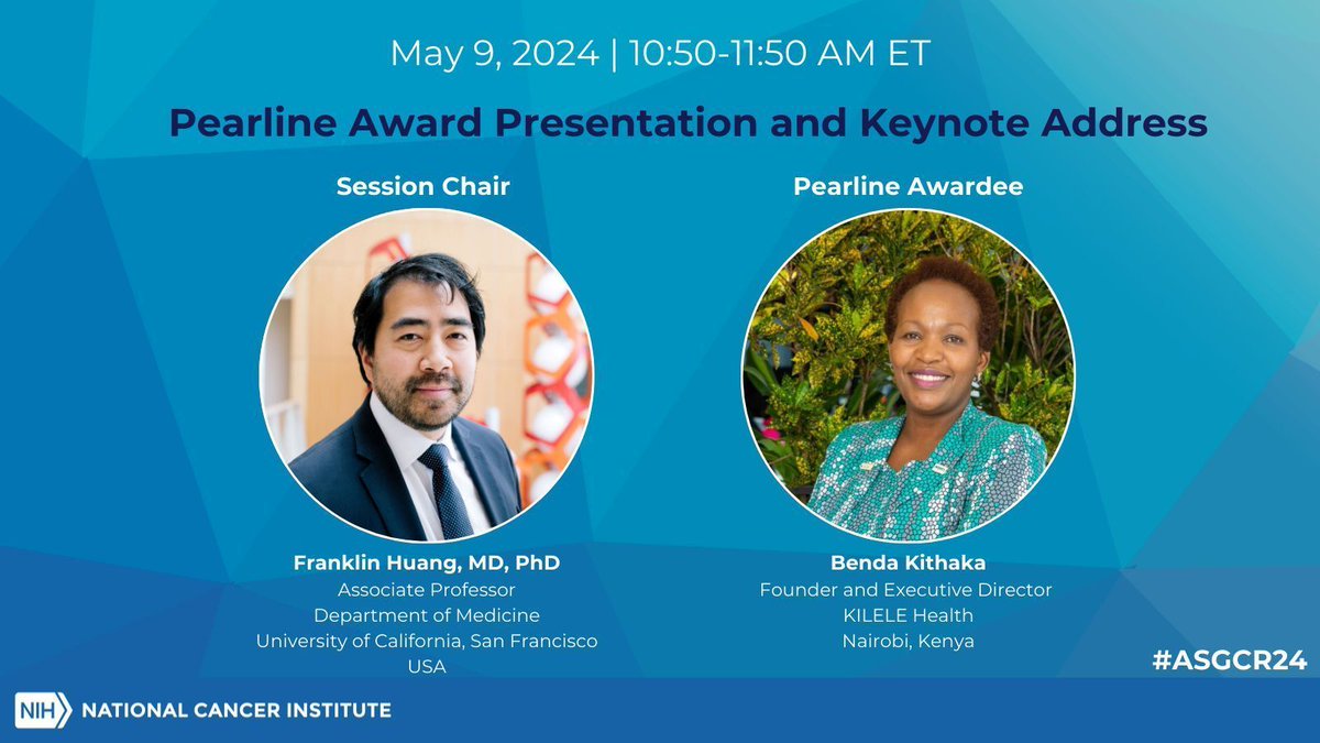 Join us at 10:50am ET as @FranklinHuang awards @BendaKithaka with the 2024 Pearline Award. Ms. Kithaka, a dedicated cancer advocate, will also deliver this year's keynote address. #ASGCR24
