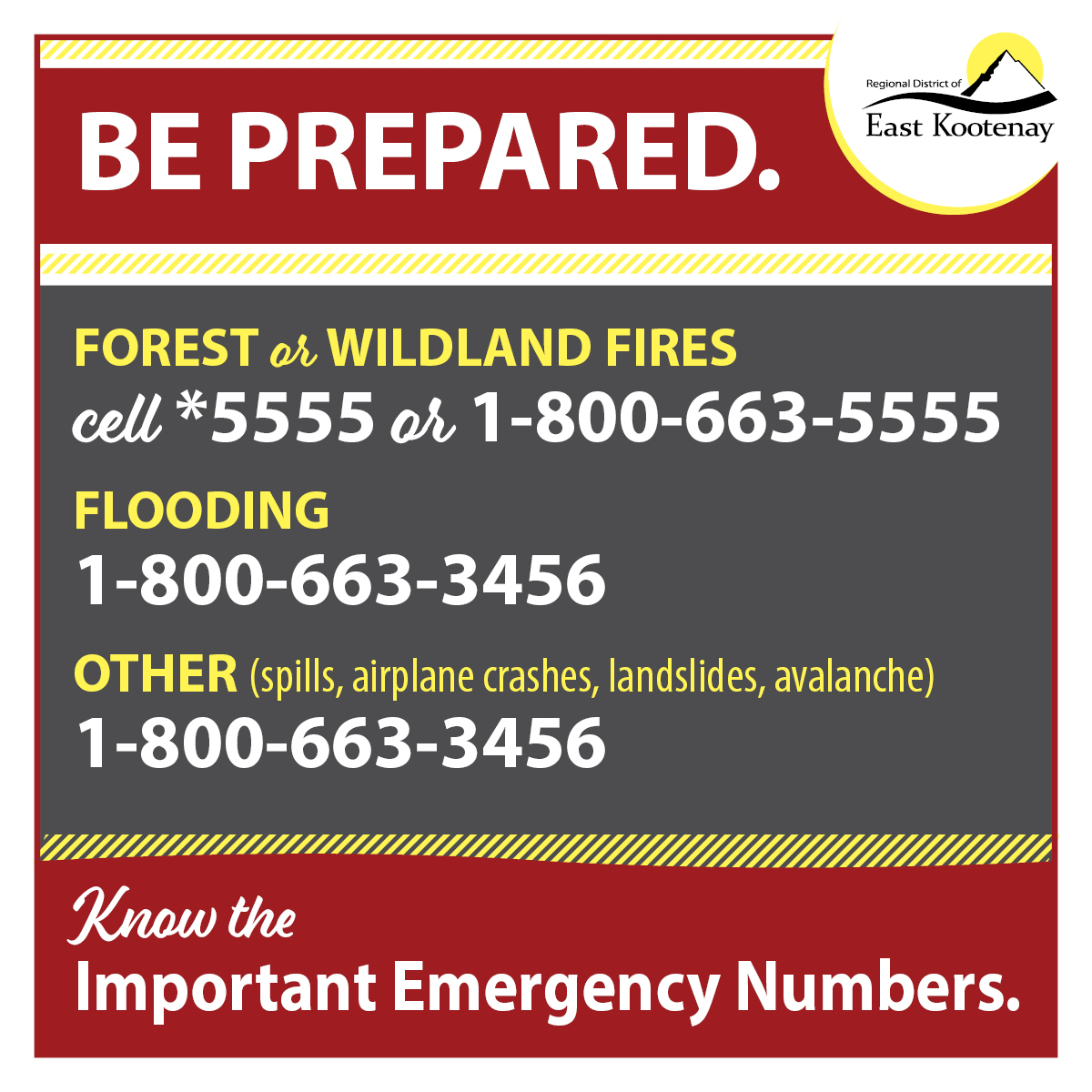 It's Emergency Preparedness Week (May 5 - 11, 2024). In an emergency, having the correct numbers close is always important. Put these numbers in your phone; they will be there if you ever need them. preparedbc.ca. #Cranbrook @RDEastKootenay @cranbrookfire @PreparedBC
