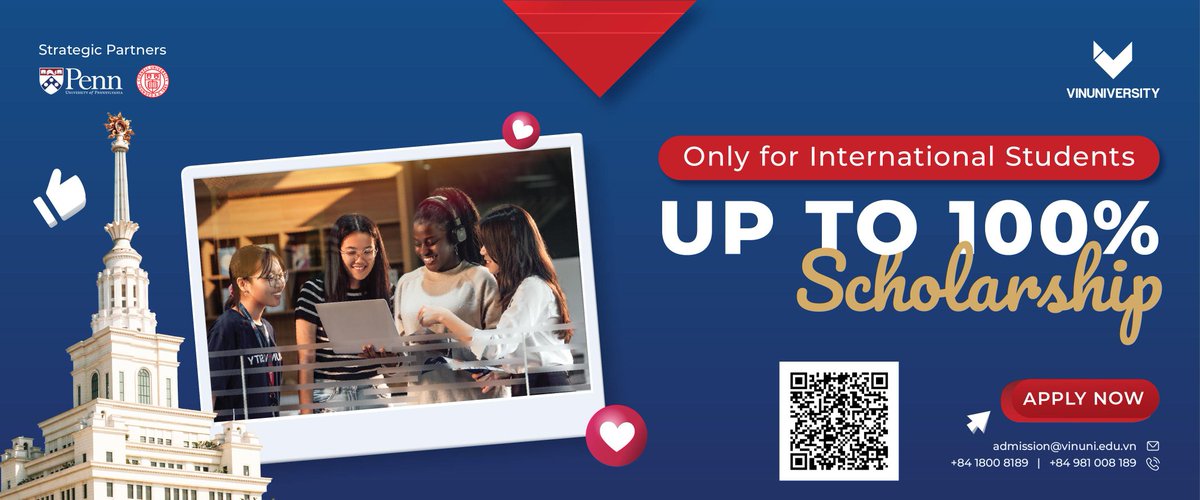 VinUniversity Scholarships for International Students to Study in Vietnam 2024/25 (Up to Full Scholarships Available) Apply: opd.to/3UQQPo4 Benefits include: - Scholarships from 50% to 100% of tuition fees - Automatic assessment and offer with admission - One-time…