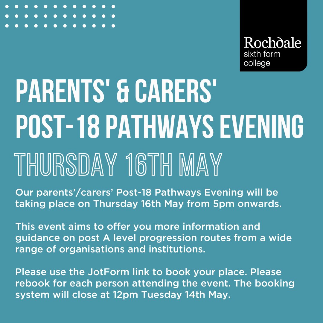 Our parents’/carers’ Post-18 Pathways Evening will be taking place on 16th May from 5pm onwards. This event aims to offer more info and guidance on post A level progression routes from a wide range of organisations. To book your place, please follow: form.jotform.com/241203340032334