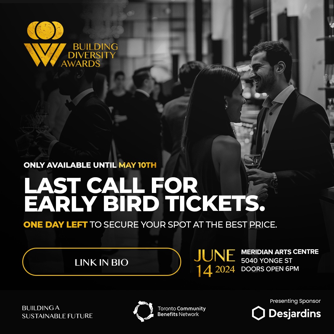 Last call for early bird tickets!

Join us as we celebrate diversity, equity, and inclusion across Canada in the construction industry

Early bird tickets are now on sale at buildingdiversity.communitybenefits.ca/tickets

#BuildingDiversityAwards2024 #diversityandinclusion #CommunityBenefits